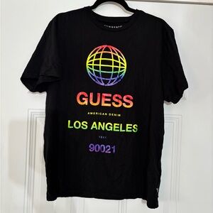 GUESS Black Tee with Rainbow Globe Design